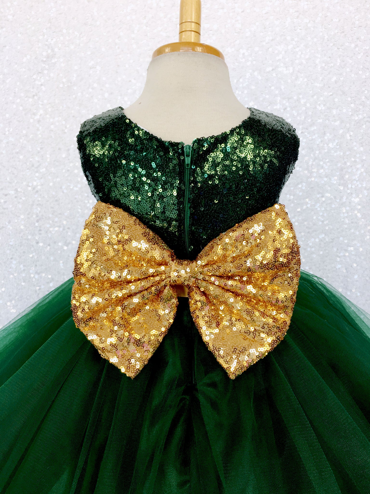 Hunter Green Sequin Bow 2 Layer Tulle Dress