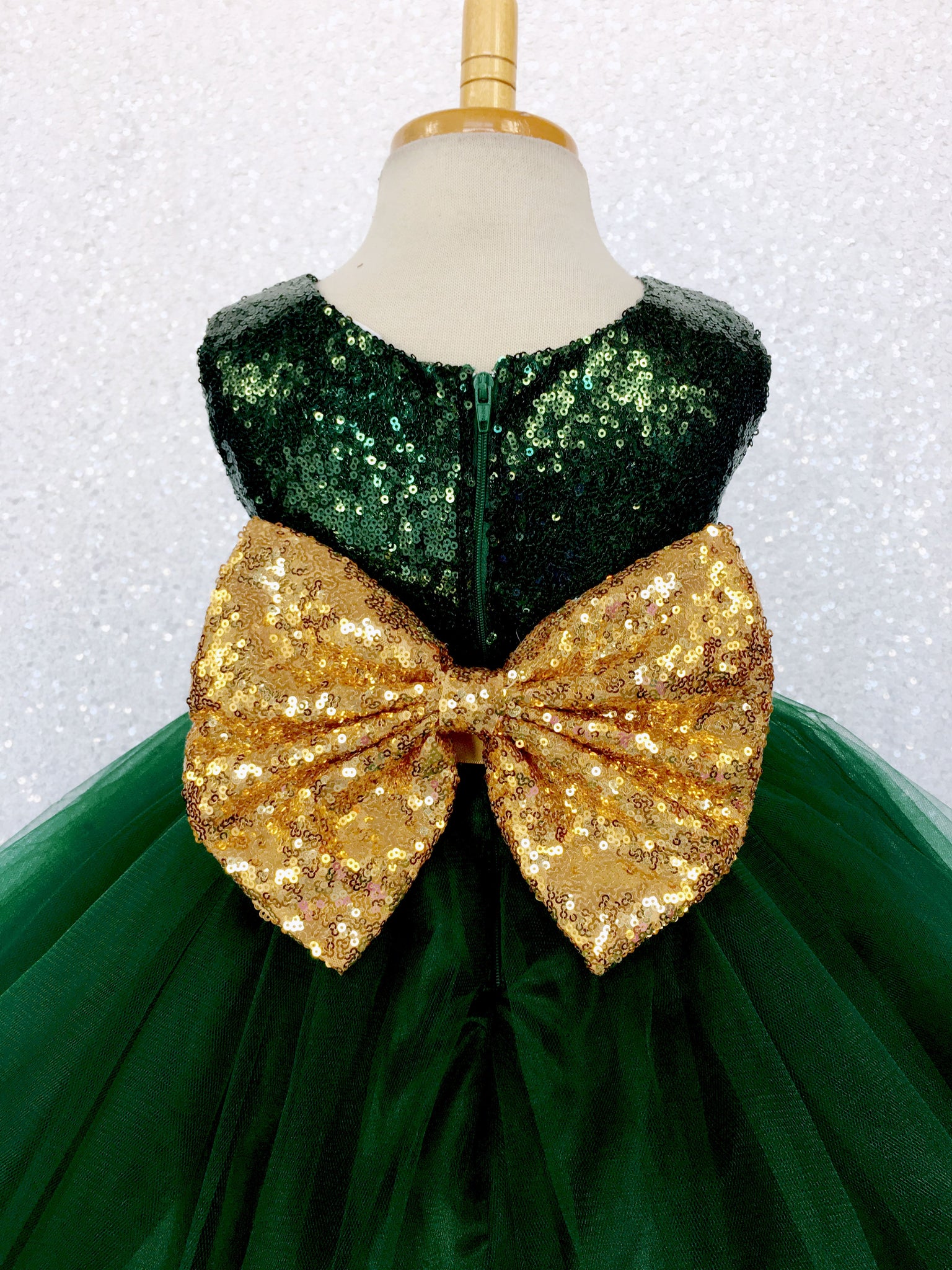 Hunter Green 2 Layer Tulle Dress Gold Sequin Bow