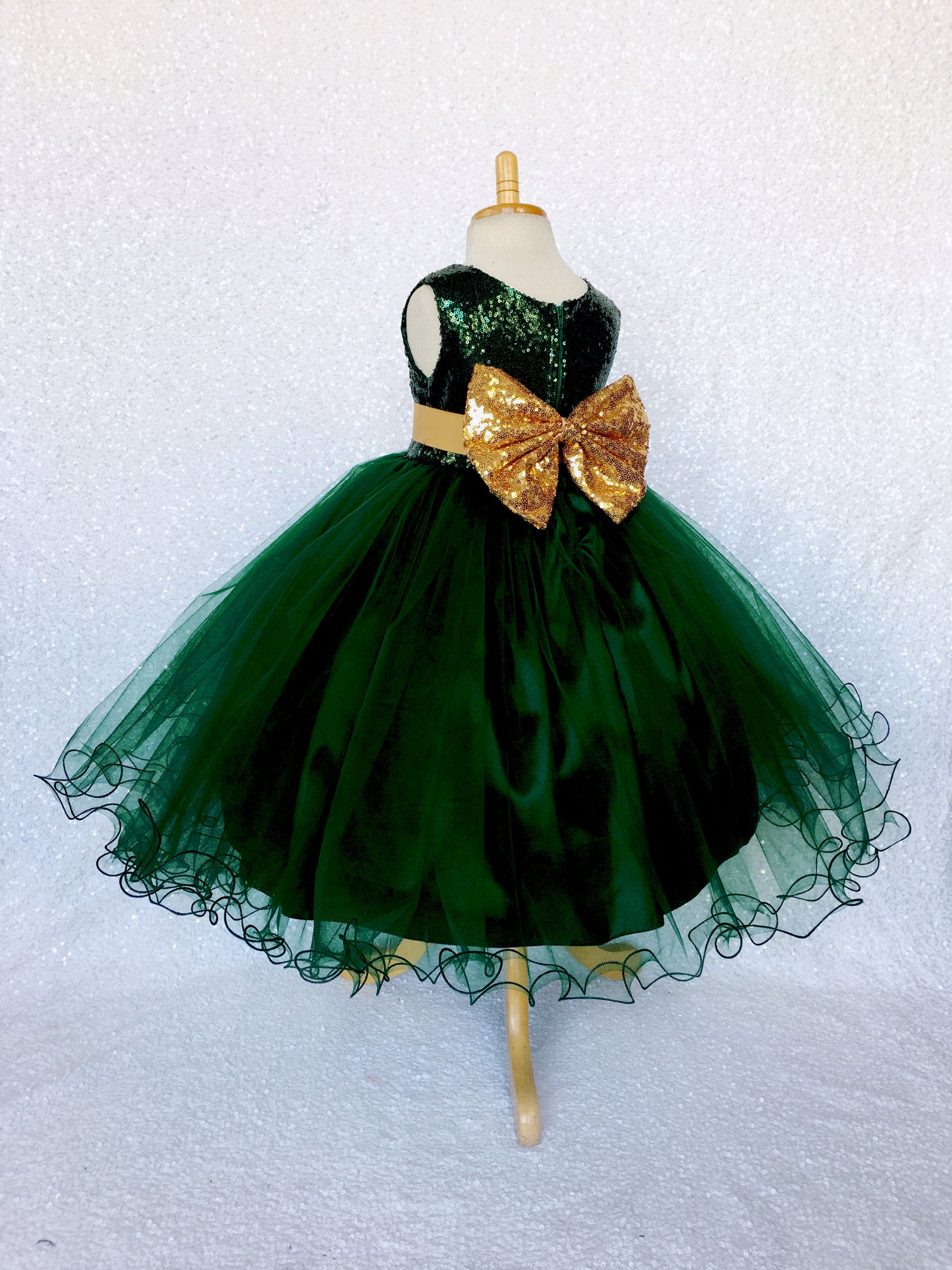 Hunter Green 2 Layer Tulle Dress Gold Sequin Bow