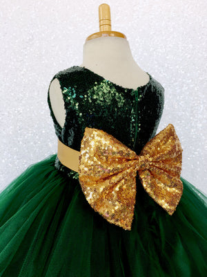 Hunter Green 2 Layer Tulle Dress Gold Sequin Bow