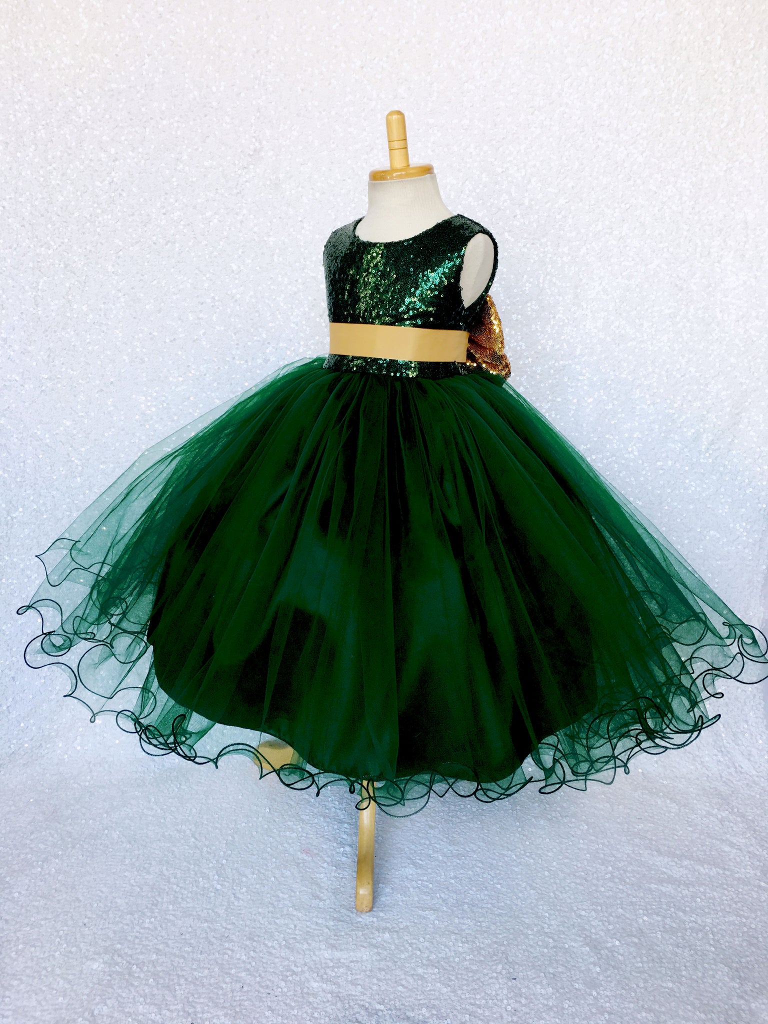 Hunter Green 2 Layer Tulle Dress Gold Sequin Bow