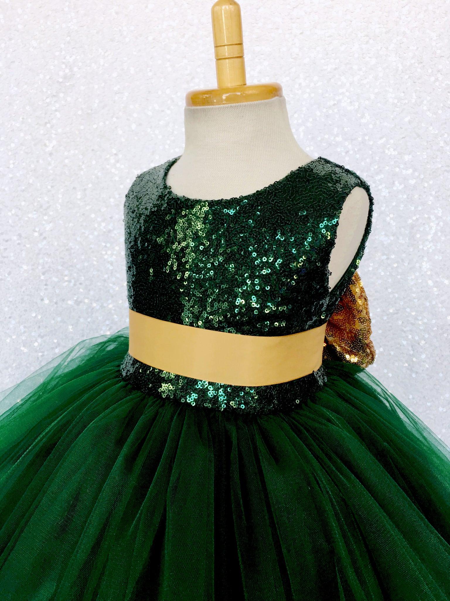 Hunter Green 2 Layer Tulle Dress Gold Sequin Bow