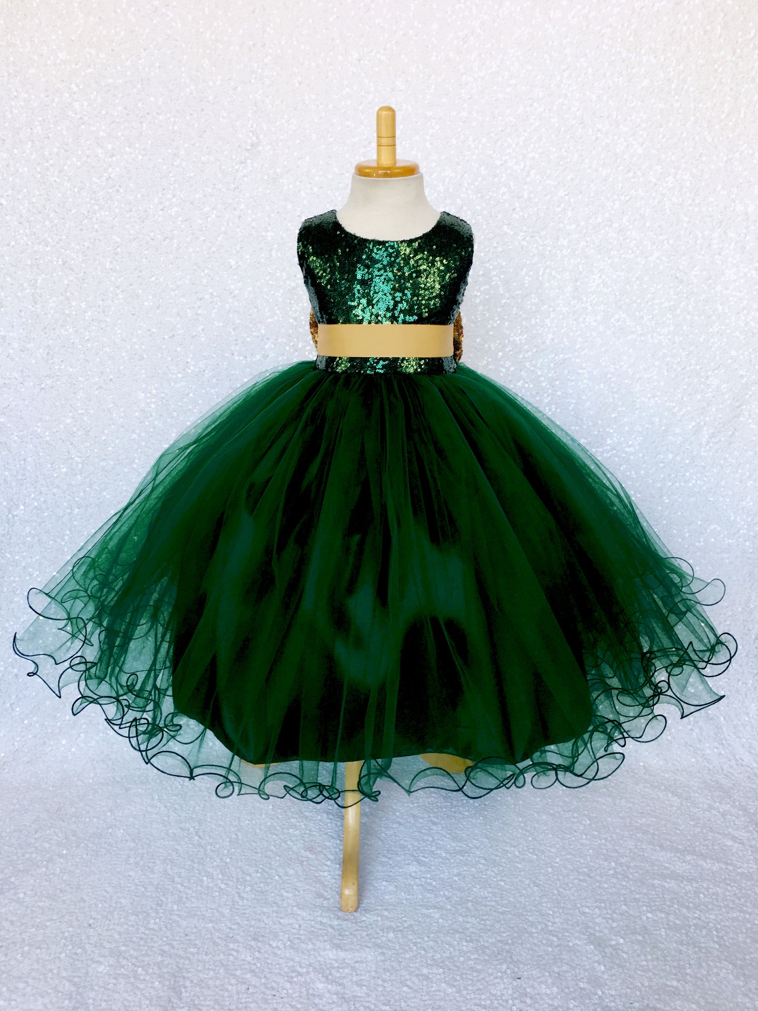 Hunter Green 2 Layer Tulle Dress Gold Sequin Bow