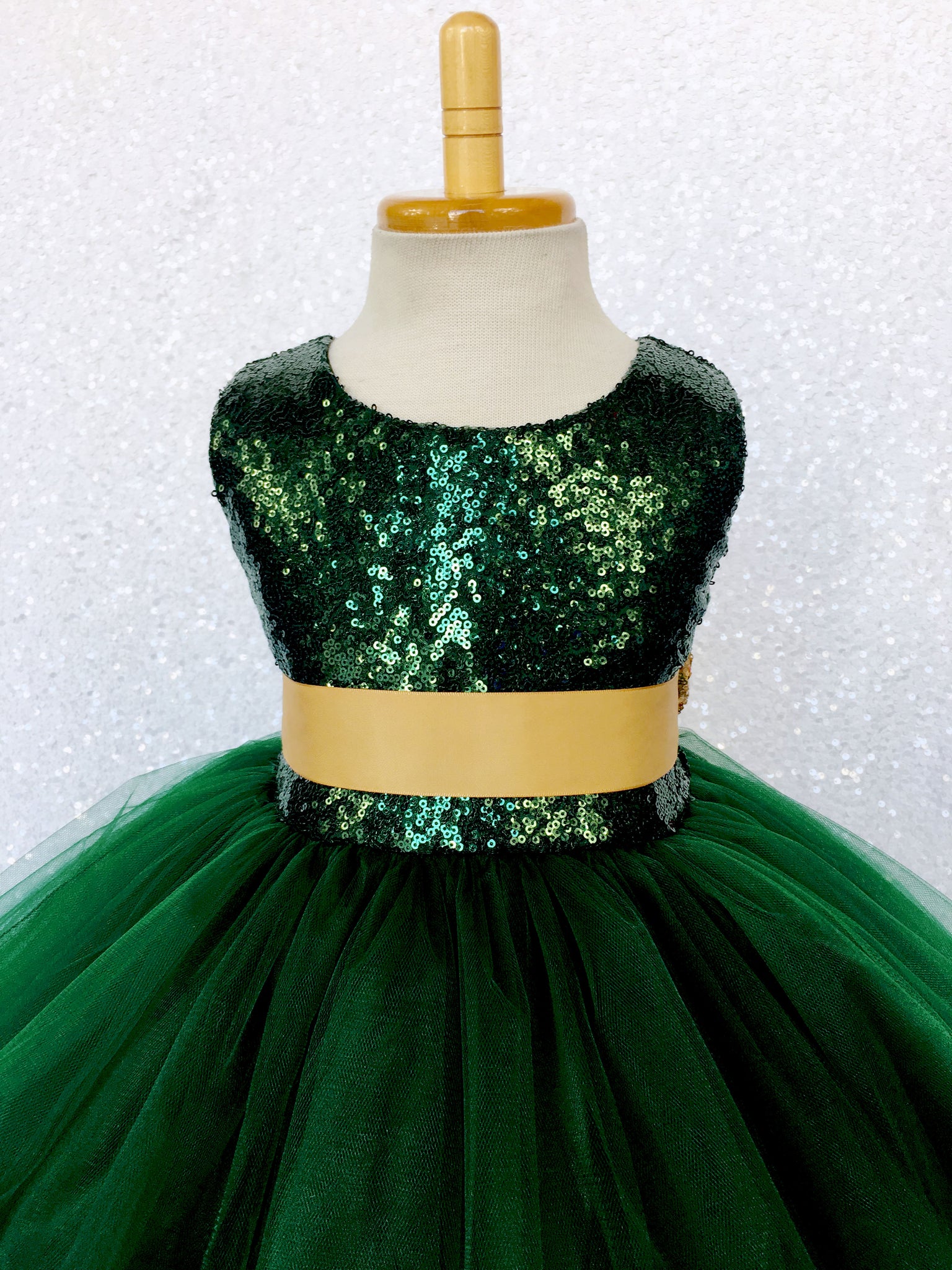 Hunter Green 2 Layer Tulle Dress Gold Sequin Bow