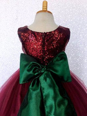 Burgundy Sequin Tulle 2 Layer Dress Hunter Green Velvet Flower Sash