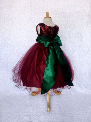 Burgundy Sequin Tulle 2 Layer Dress Hunter Green Velvet Flower Sash