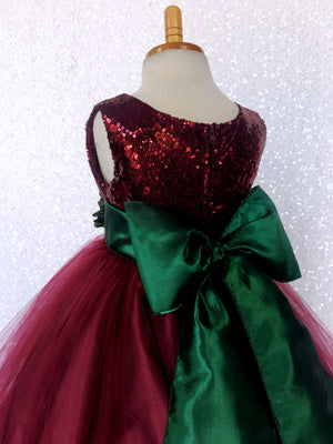 Burgundy Sequin Tulle 2 Layer Dress Hunter Green Velvet Flower Sash