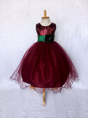 Burgundy Sequence Maroon Tulle 2 Layer Gown Navy Flower Velvet Sash