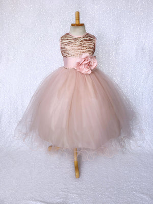 Glitter Striped Rose Gold Blush Tulle Gown Mini Sequin Bow Ribbon