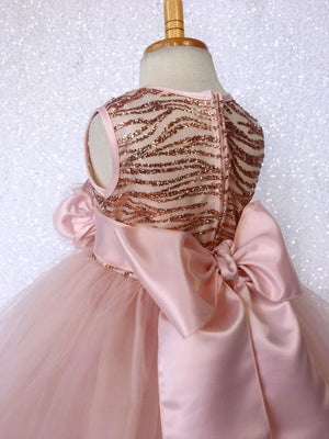 Sleeveless Rose Gold Glitter Satin Mesh Tulle Gown Sash Flower