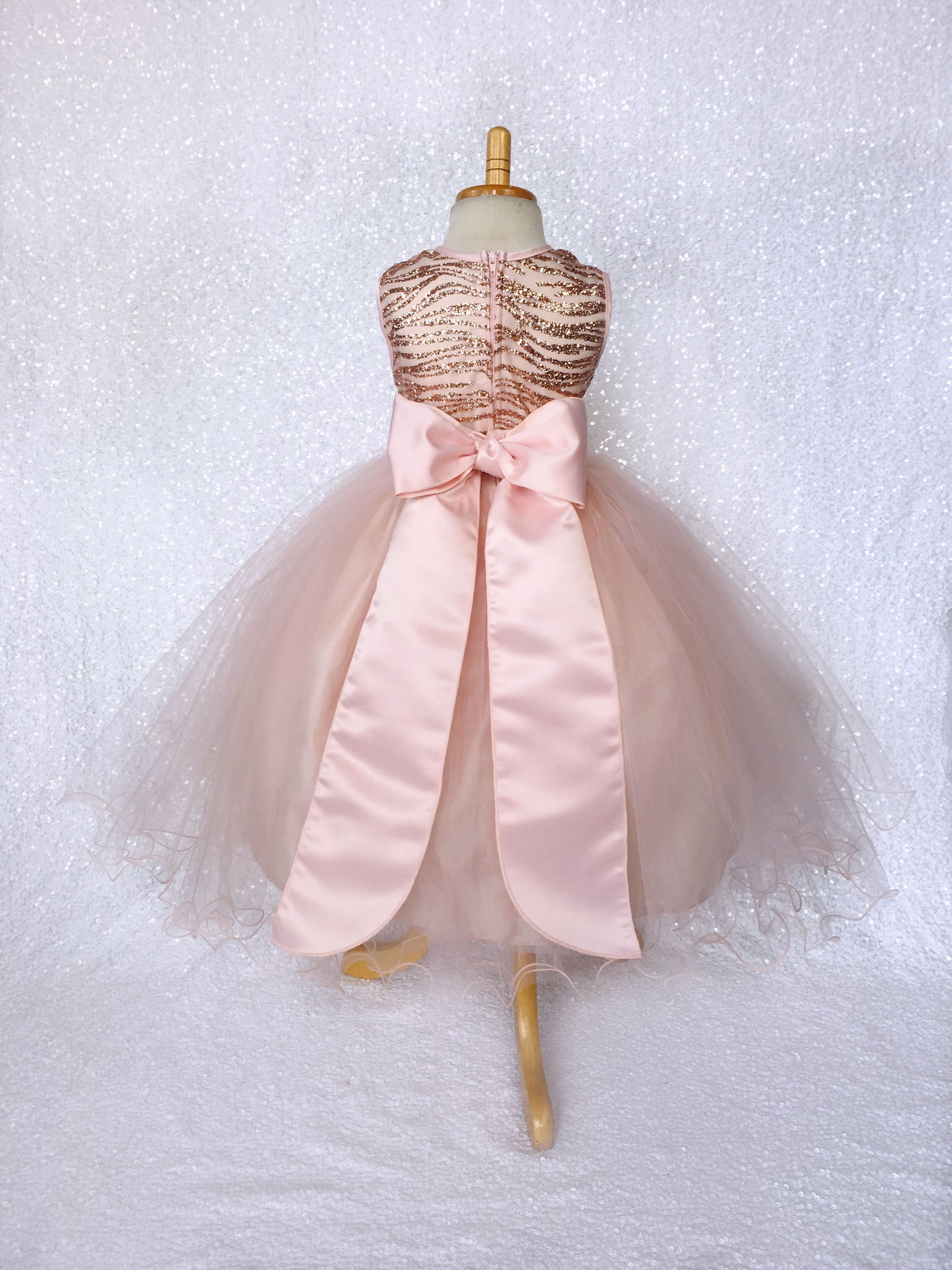 Sleeveless Rose Gold Glitter Satin Mesh Tulle Gown Sash Flower