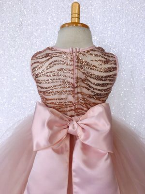 Sleeveless Rose Gold Glitter Satin Mesh Tulle Gown Sash Flower