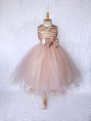 Sleeveless Rose Gold Glitter Satin Mesh Tulle Gown Sash Flower