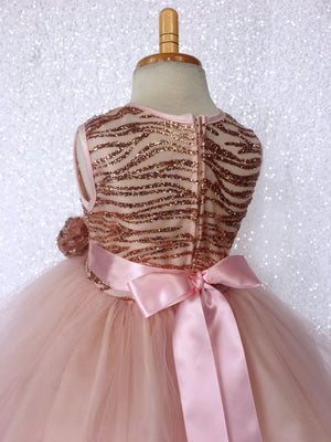 Glitter Striped Rose Gold Blush Tulle Gown Mini Sequin Bow Ribbon