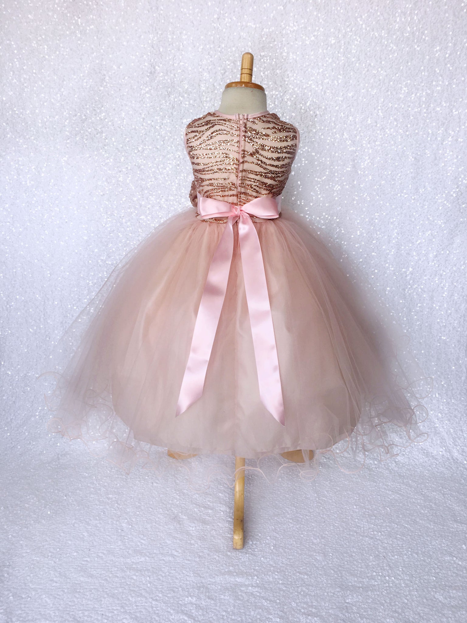 Glitter Striped Rose Gold Blush Tulle Gown Mini Sequin Bow Ribbon