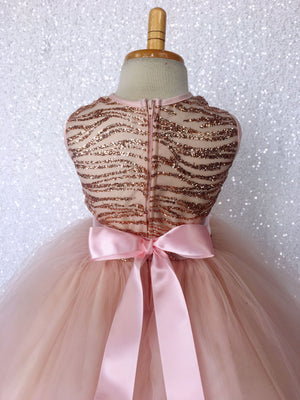 Glitter Striped Rose Gold Blush Tulle Gown Mini Sequin Bow Ribbon