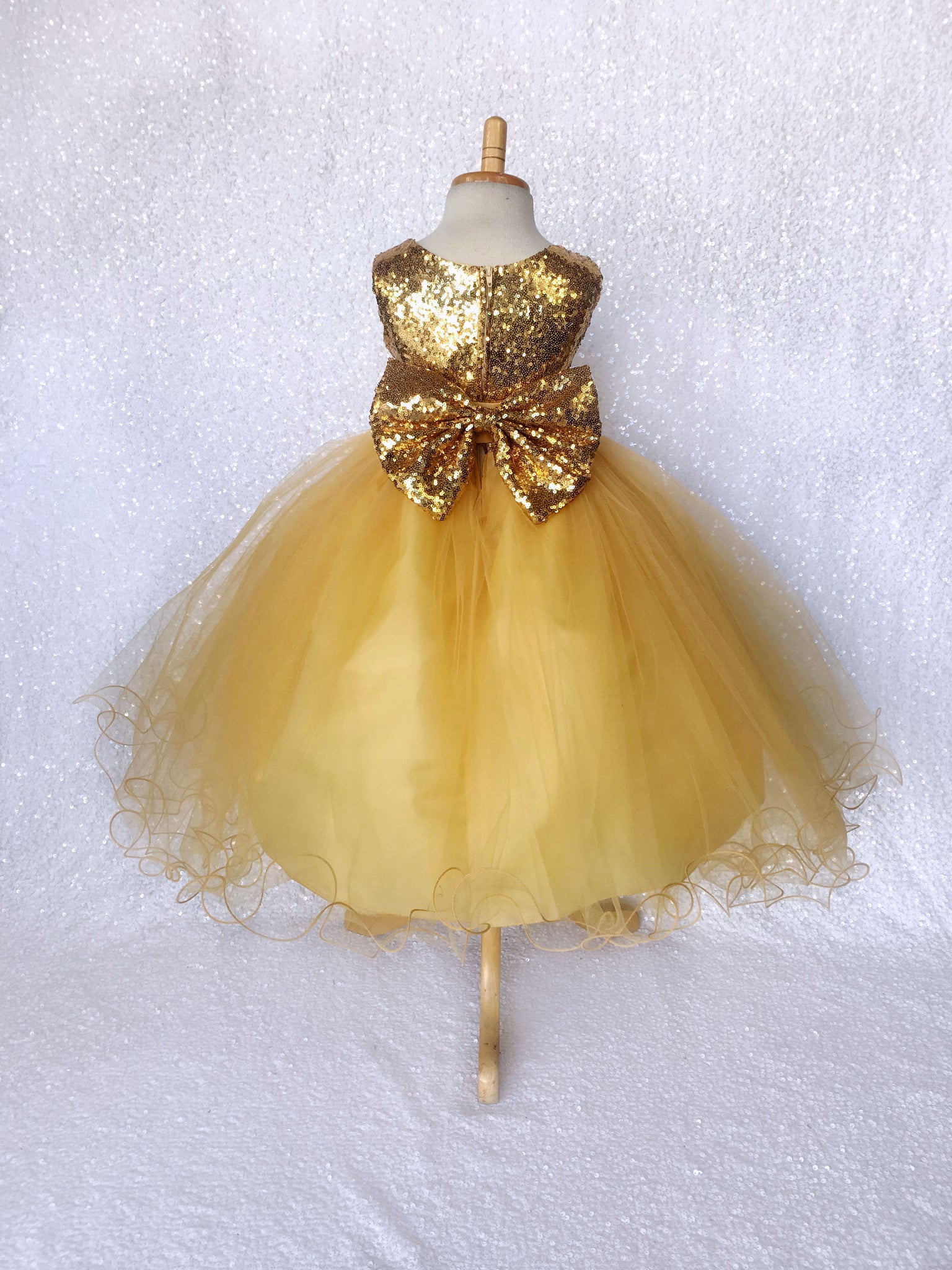 Gold Yellow Sleeveless Mini Sequence 2 Layer Tulle Fishing Line Big Bow