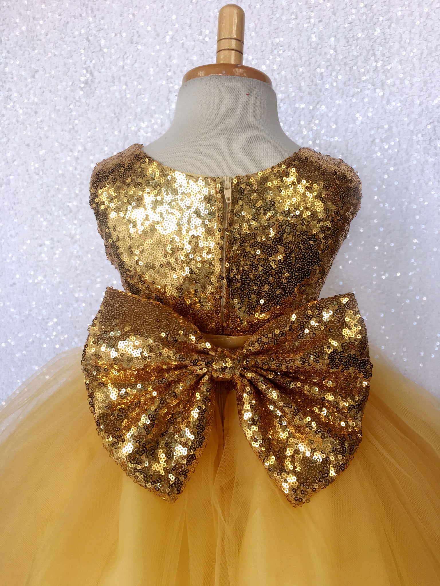 Mini Sequence Gold Yellow 2 Layer Tulle Dress Burgundy Bow