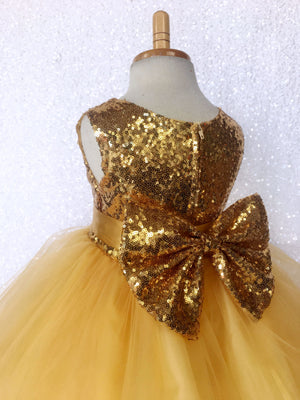 Gold Yellow Sleeveless Mini Sequence 2 Layer Tulle Fishing Line Big Bow