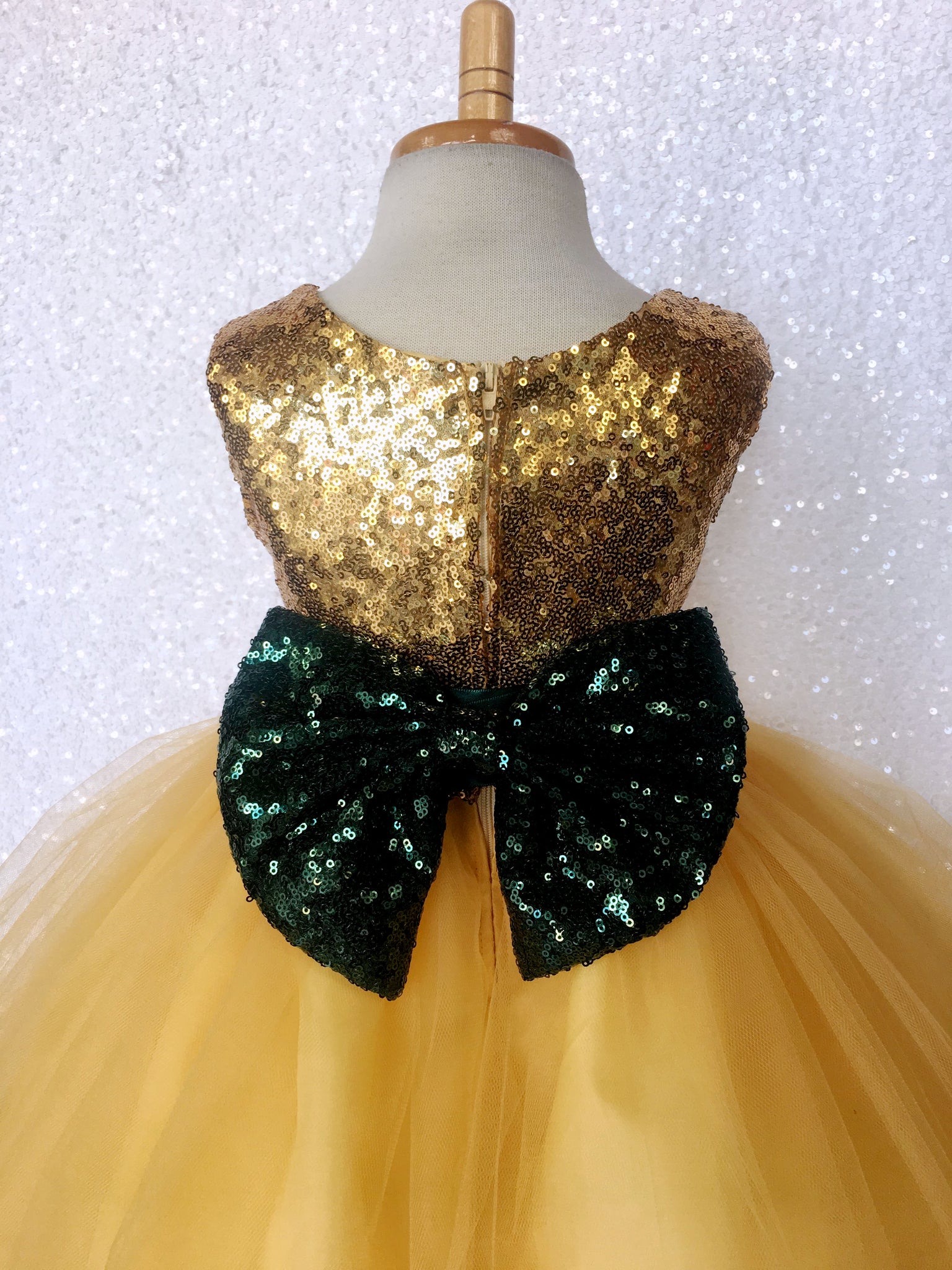 Mini Sequin Yellow 2 Layer Tulle Dress Red Bow