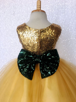 Mini Sequin Yellow 2 Layer Tulle Dress Red Bow