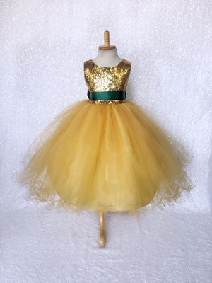 Yellow Mini Sequence Gown Tulle Sleeveless Hunter Green Bow