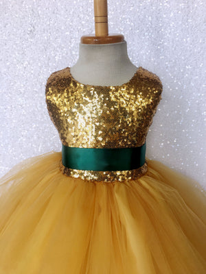 Yellow Mini Sequence Gown Tulle Sleeveless Hunter Green Bow