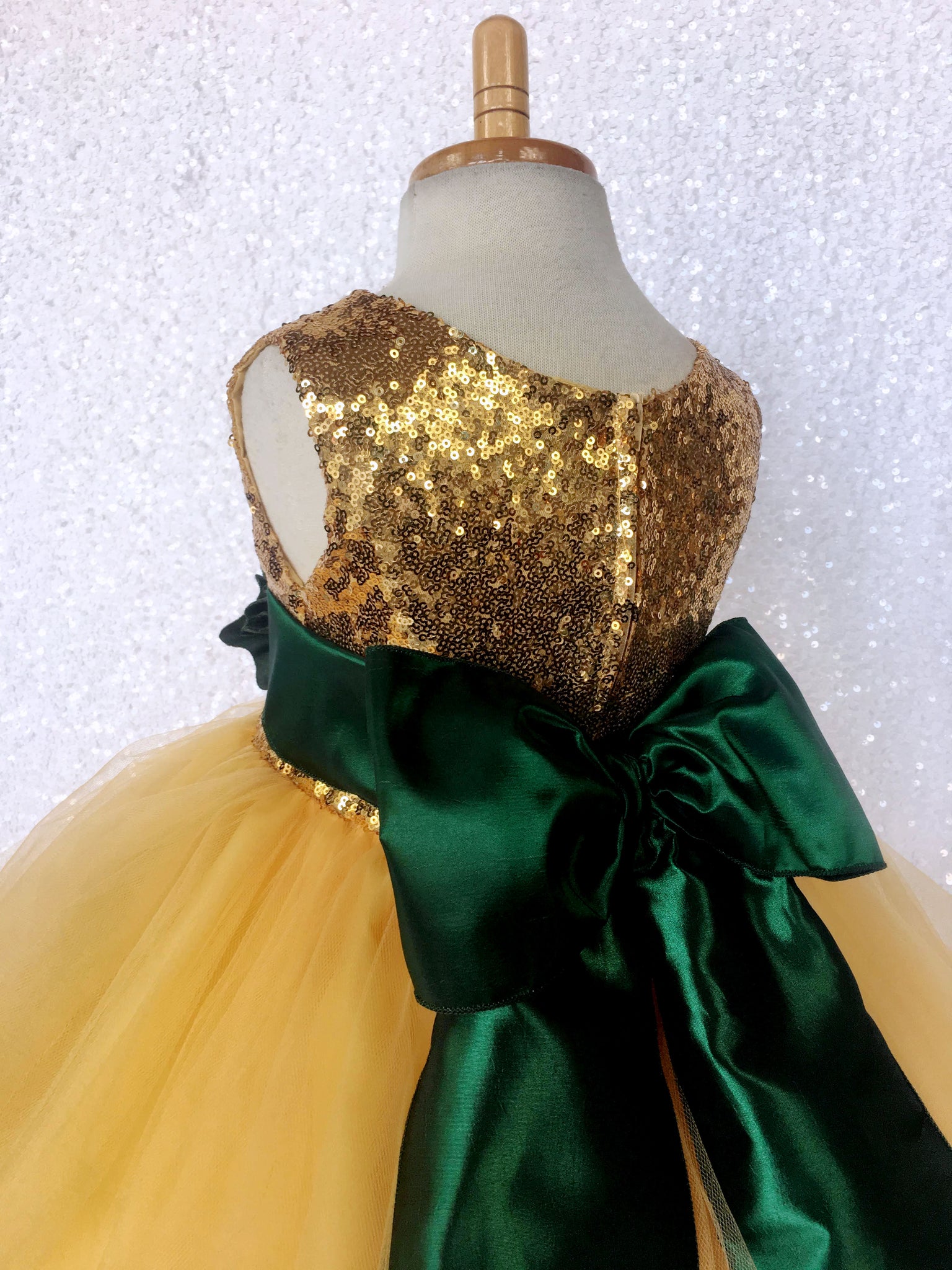 Sequence Yellow Gold 2 Layer Hunter Green Satin Sash Velvet Flower Gown