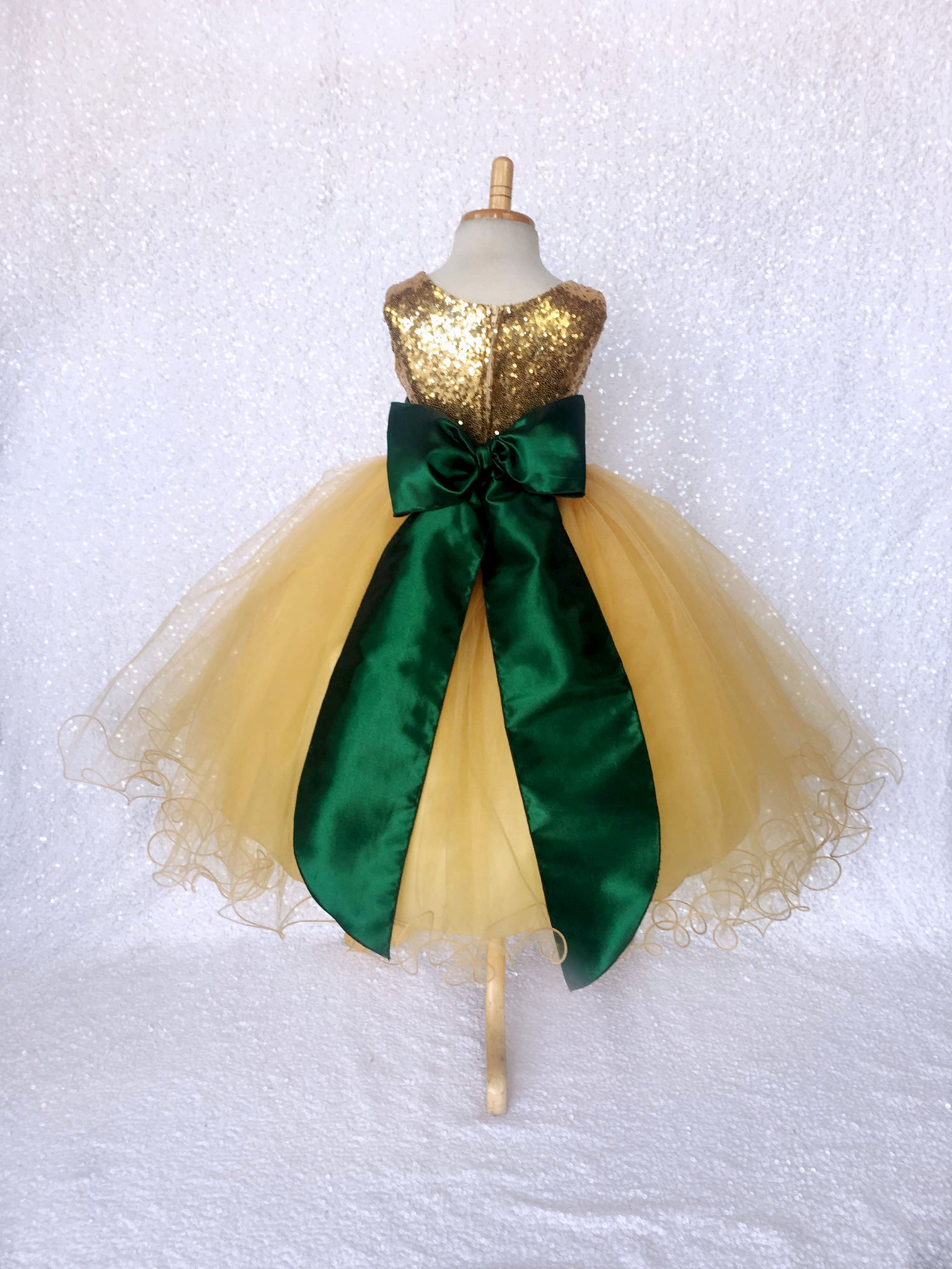 Sequence Yellow Gold 2 Layer Hunter Green Satin Sash Velvet Flower Gown