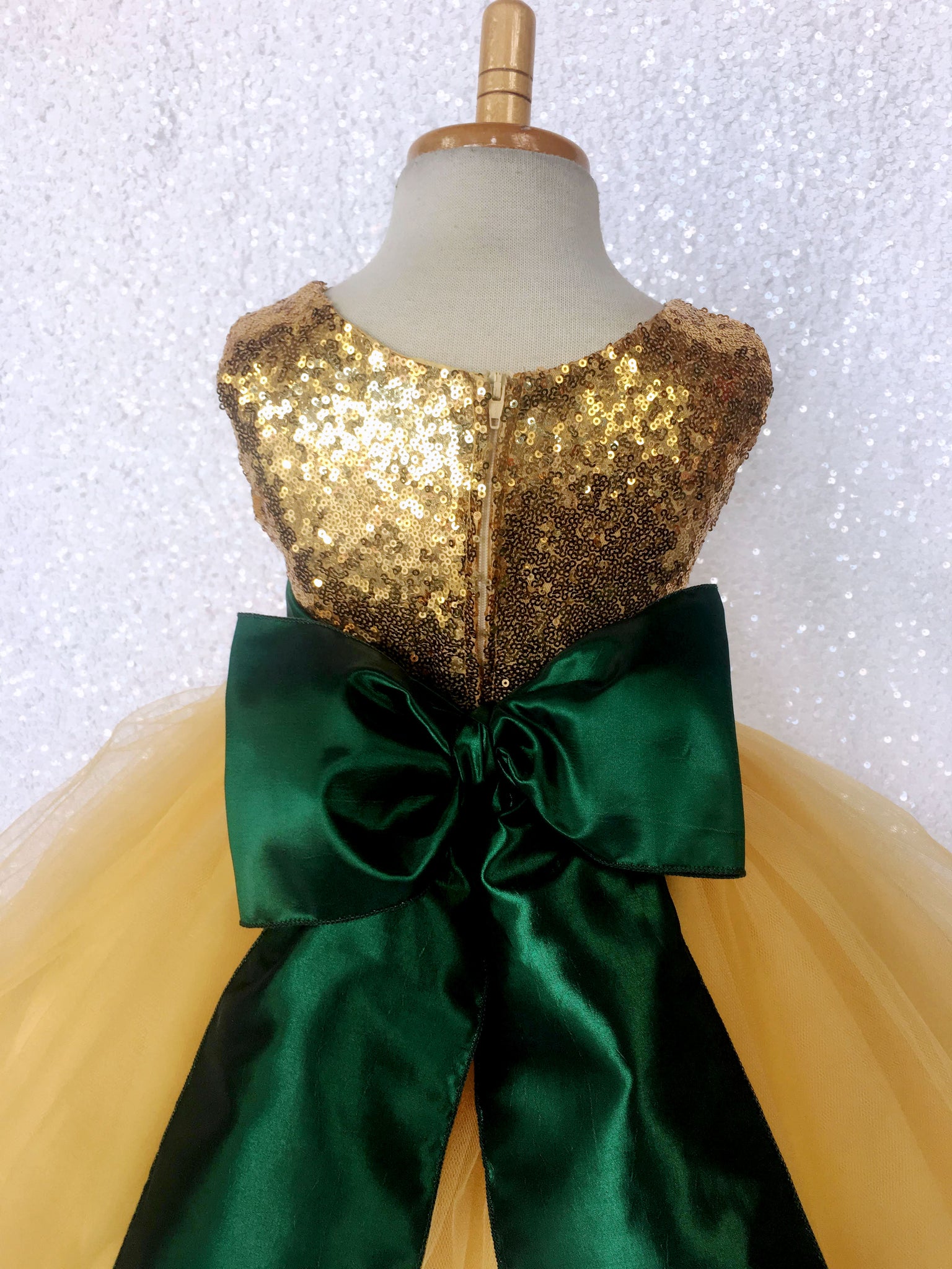 Sequence Yellow Gold 2 Layer Hunter Green Satin Sash Velvet Flower Gown