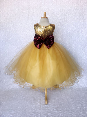 Mini Sequence Gold Yellow 2 Layer Tulle Dress Burgundy Bow