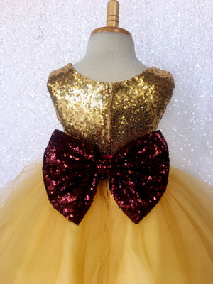 Mini Sequin Yellow 2 Layer Tulle Dress Red Bow