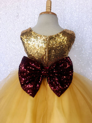 Mini Sequence Gold Yellow 2 Layer Tulle Dress Burgundy Bow