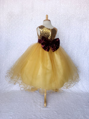 Mini Sequence Gold Yellow 2 Layer Tulle Dress Burgundy Bow