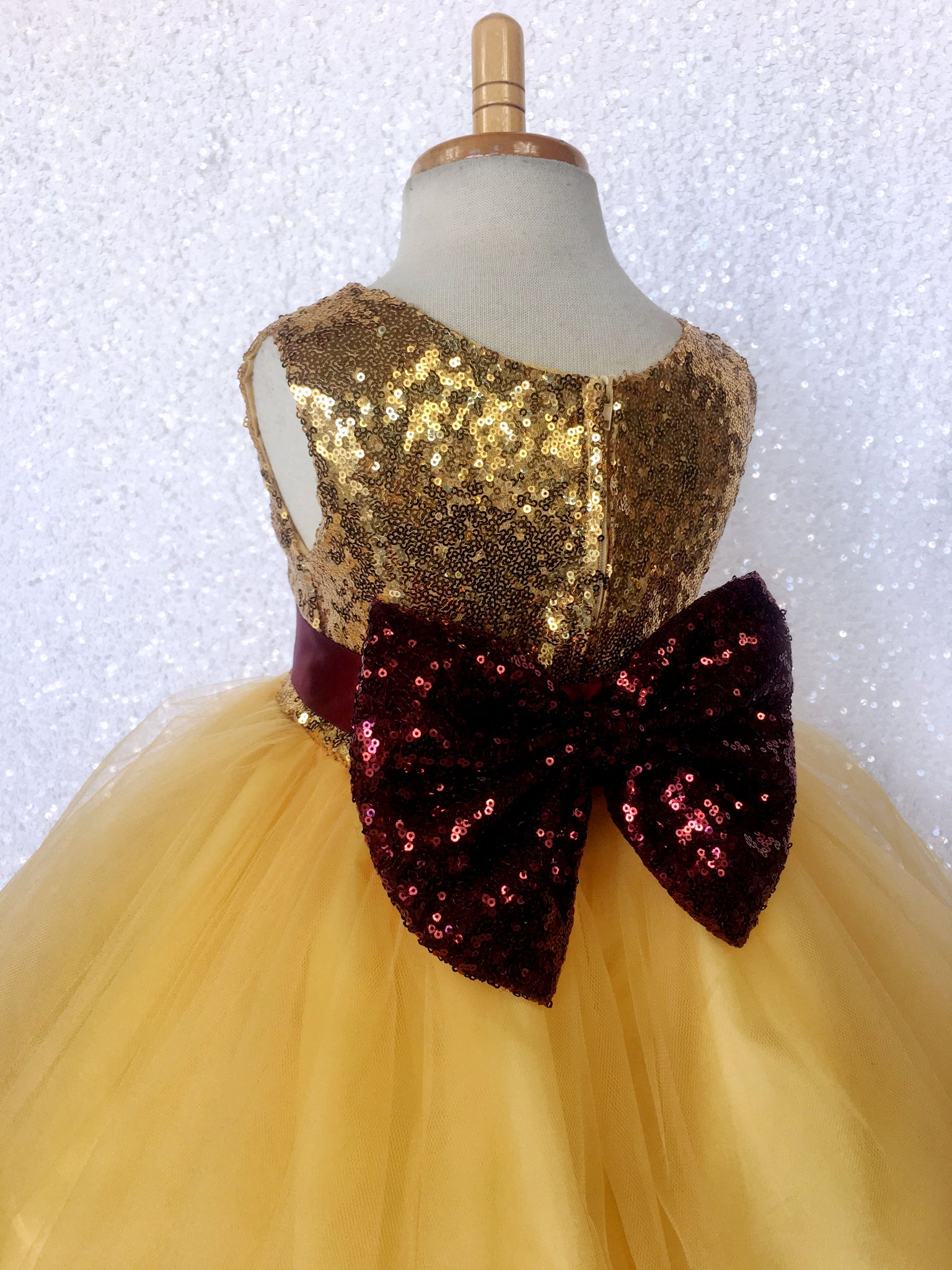 Mini Sequence Gold Yellow 2 Layer Tulle Dress Burgundy Bow