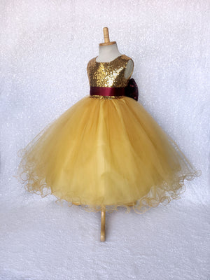 Mini Sequence Gold Yellow 2 Layer Tulle Dress Burgundy Bow