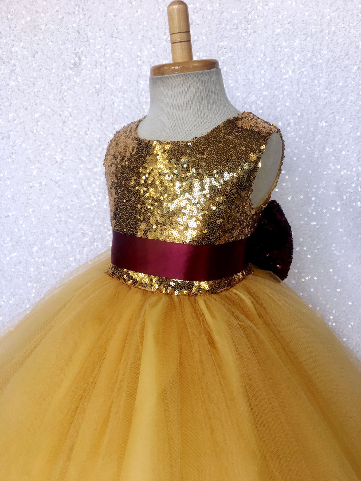 Mini Sequence Gold Yellow 2 Layer Tulle Dress Burgundy Bow