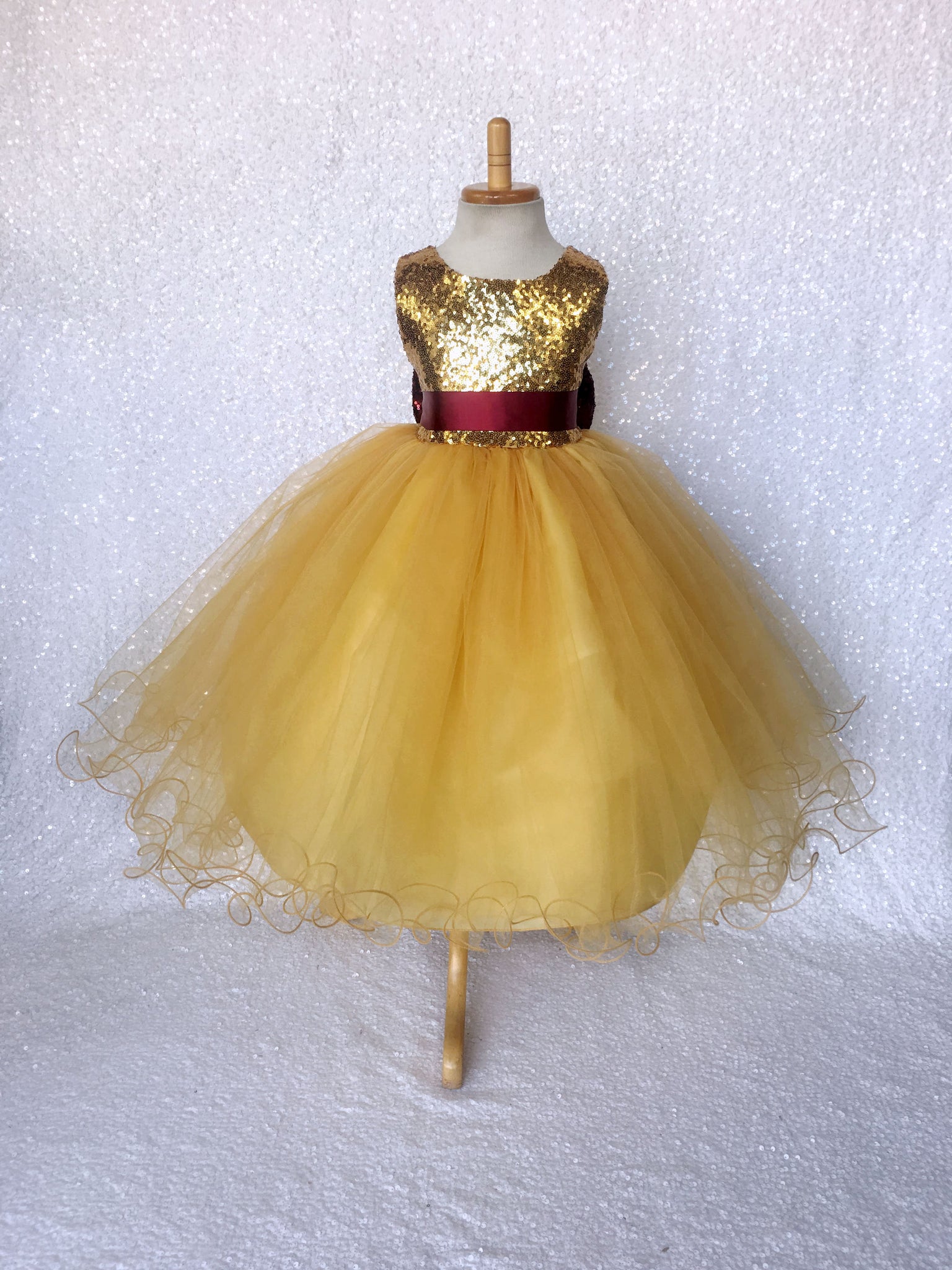 Mini Sequence Gold Yellow 2 Layer Tulle Dress Burgundy Bow