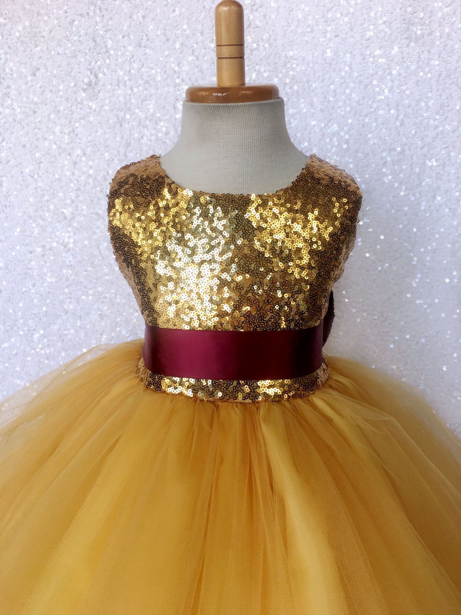 Mini Sequence Gold Yellow 2 Layer Tulle Dress Burgundy Bow