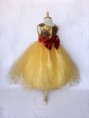 Mini Sequin Yellow 2 Layer Tulle Dress Red Bow