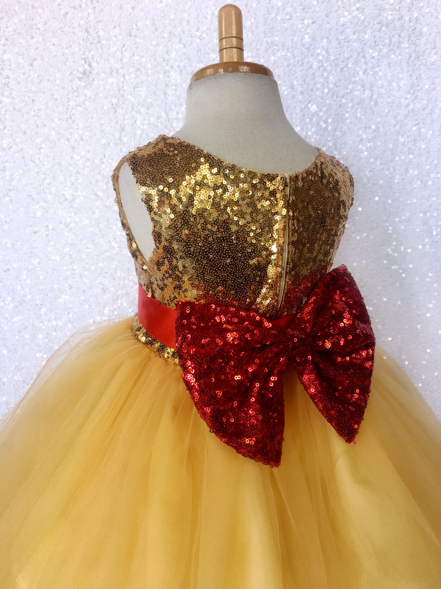 Mini Sequin Yellow 2 Layer Tulle Dress Red Bow