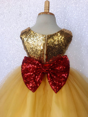 Mini Sequence Gold Yellow 2 Layer Tulle Dress Burgundy Bow