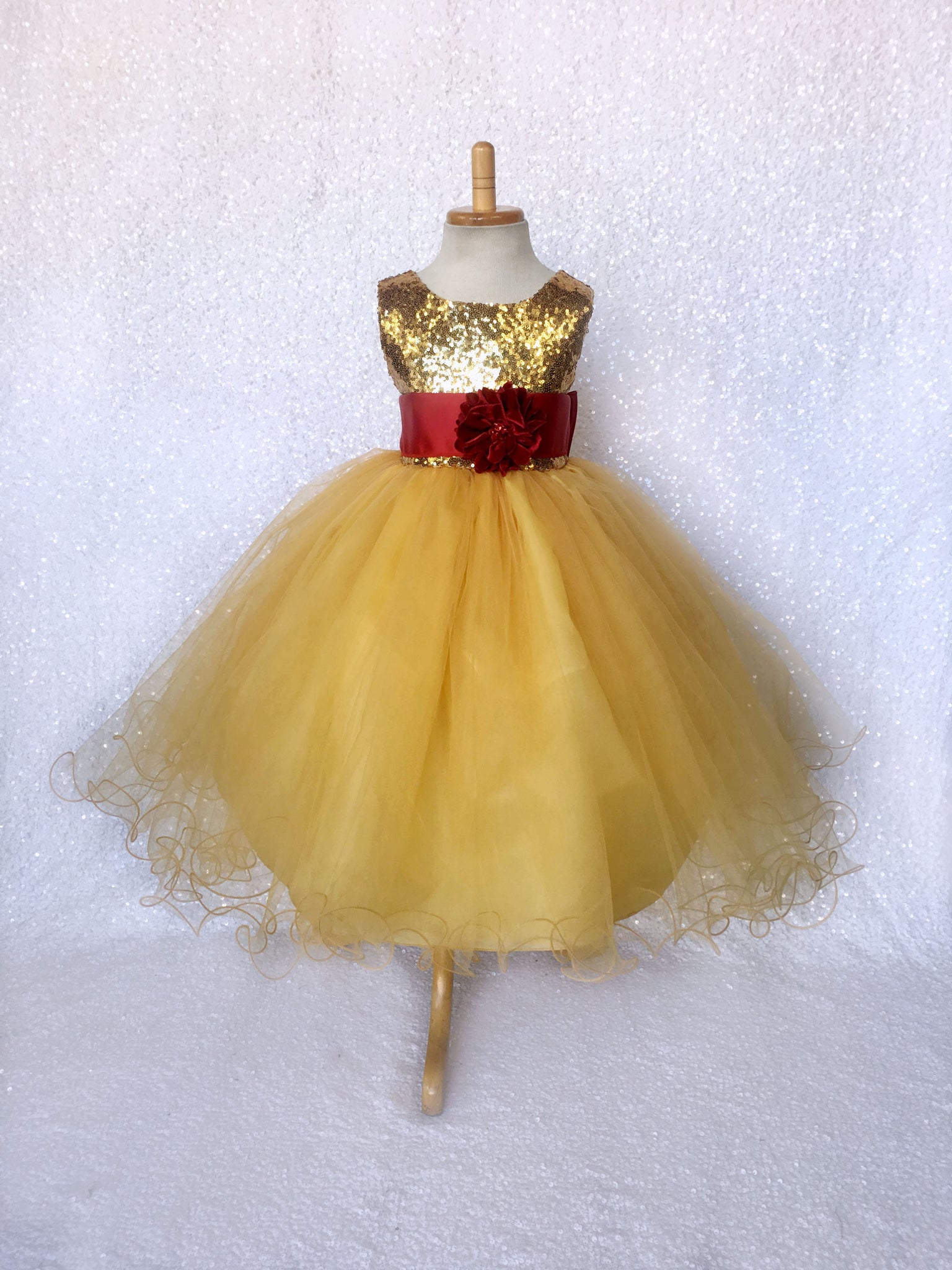 Mini Sequin Yellow Gold 2 Layer Dress Burgundy Satin Sash Velvet Flower