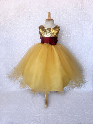 Mini Sequin Yellow Gold 2 Layer Dress Burgundy Satin Sash Velvet Flower