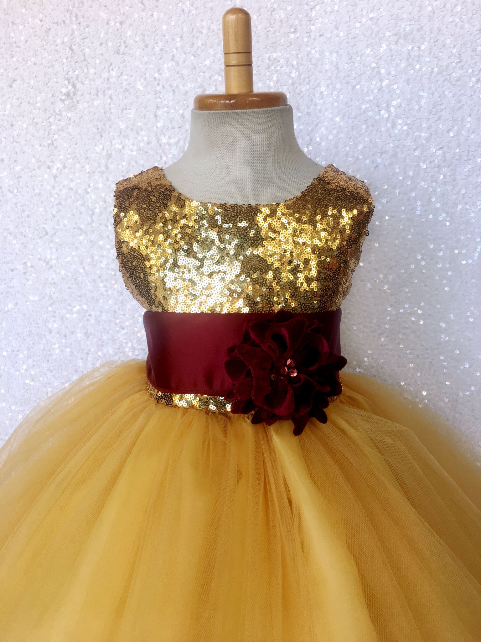 Mini Sequin Yellow Gold 2 Layer Dress Burgundy Satin Sash Velvet Flower