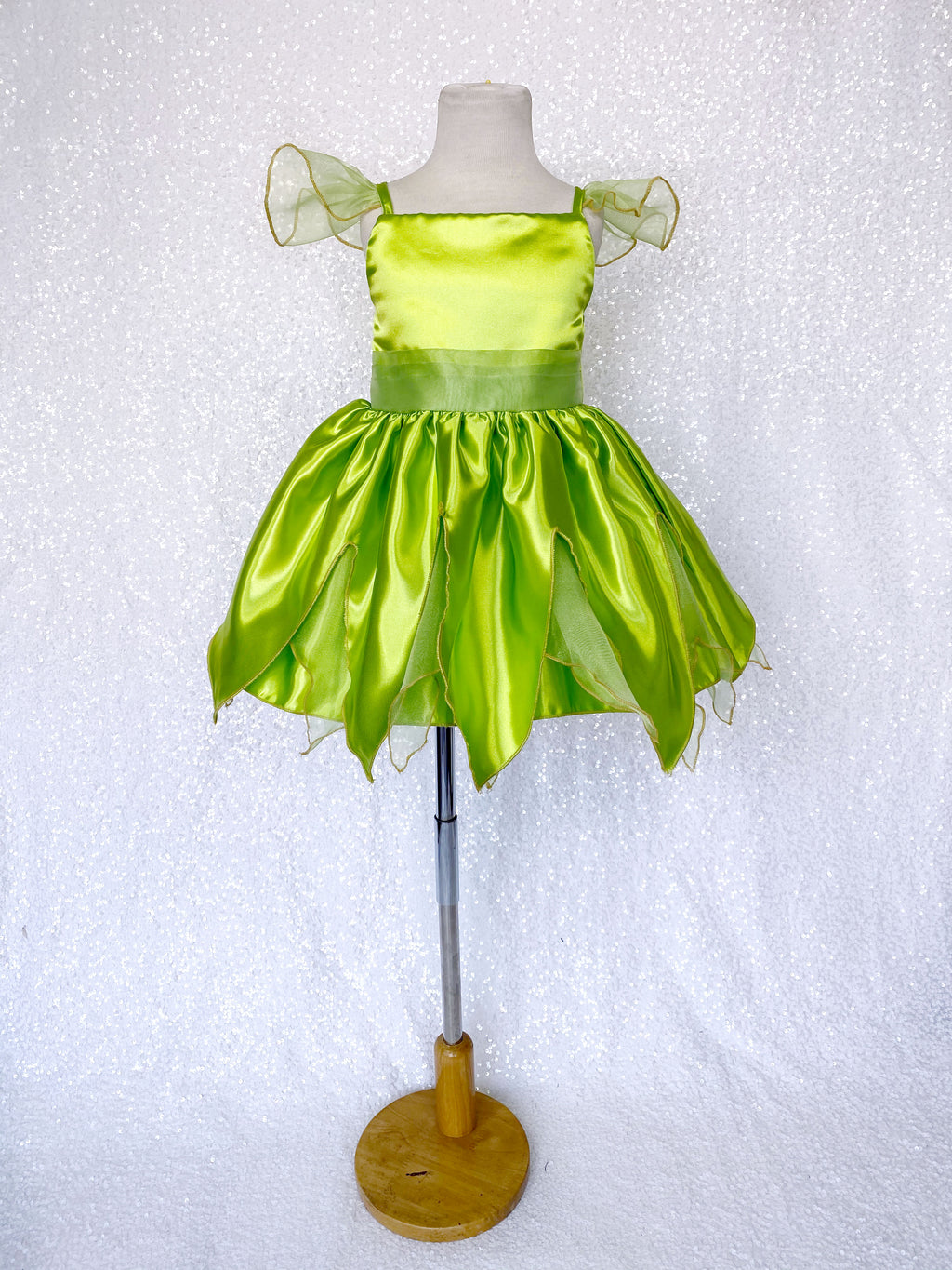 Tinkerbell Fairy Inspired Green Satin Spaghetti Strap Halloween Costume Dress