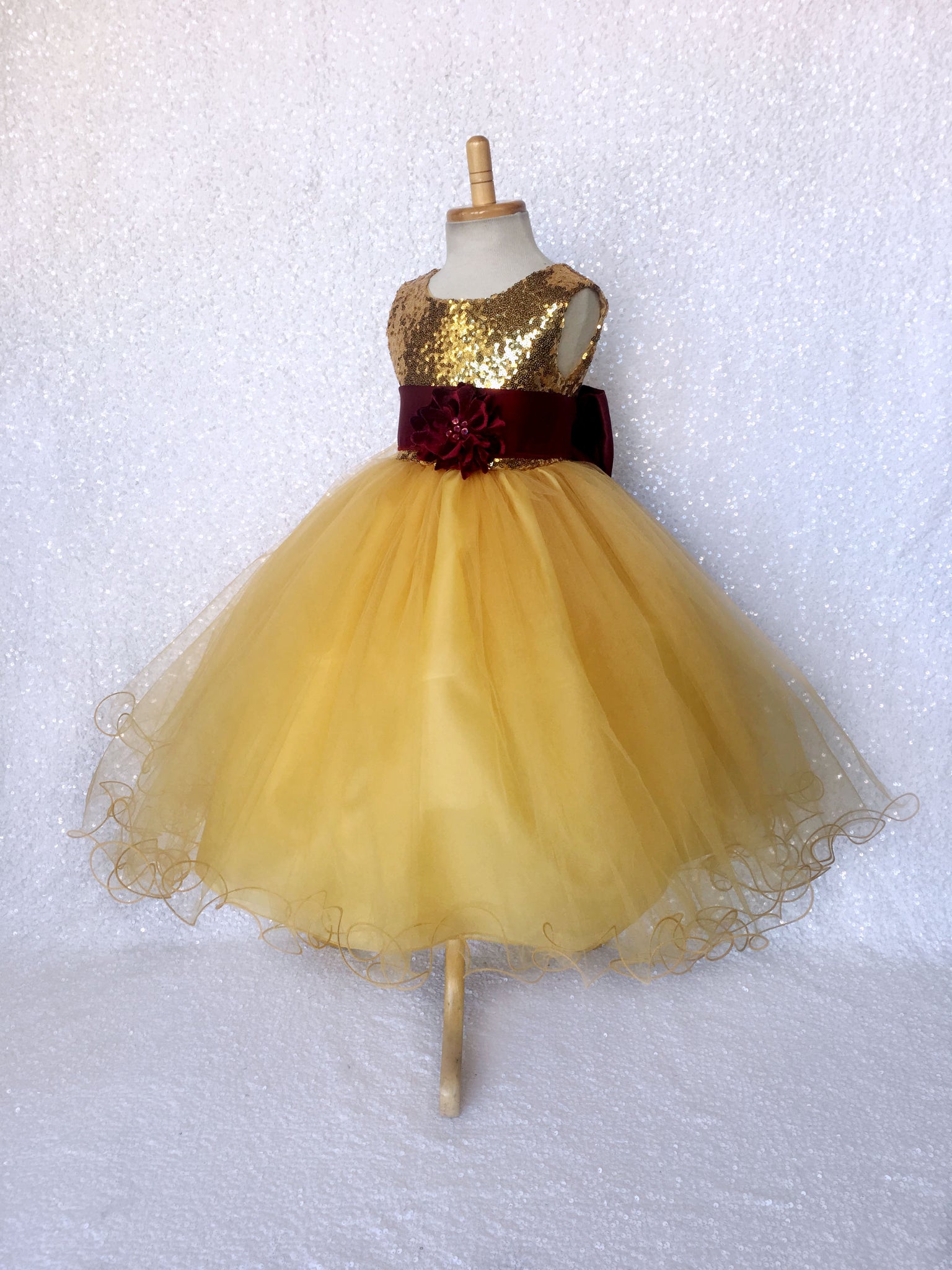 Mini Sequin Yellow Gold 2 Layer Dress Burgundy Satin Sash Velvet Flower