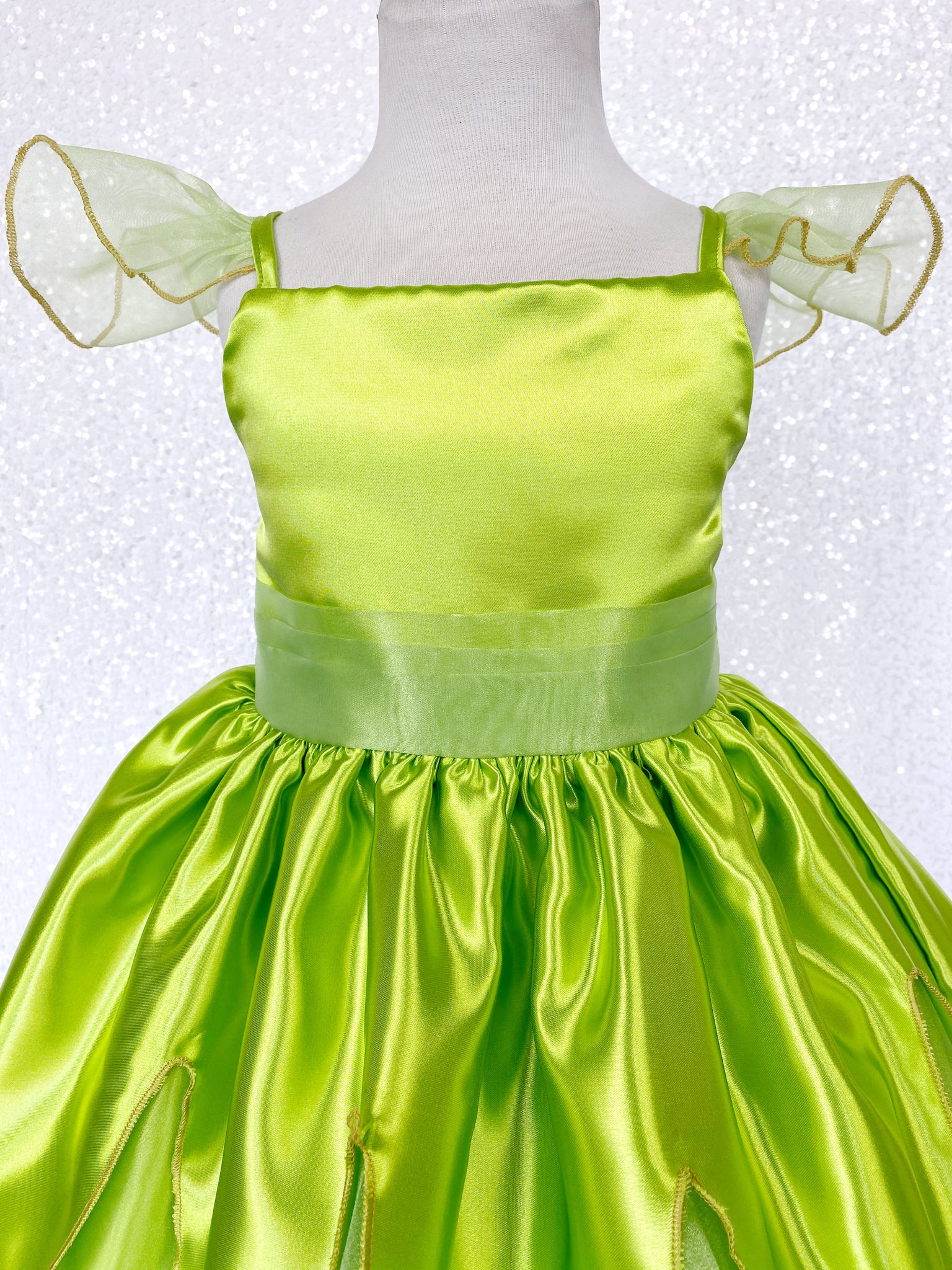 Tinkerbell Fairy Inspired Green Satin Spaghetti Strap Halloween Costume Dress