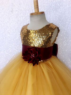 Mini Sequin Yellow Gold 2 Layer Dress Burgundy Satin Sash Velvet Flower