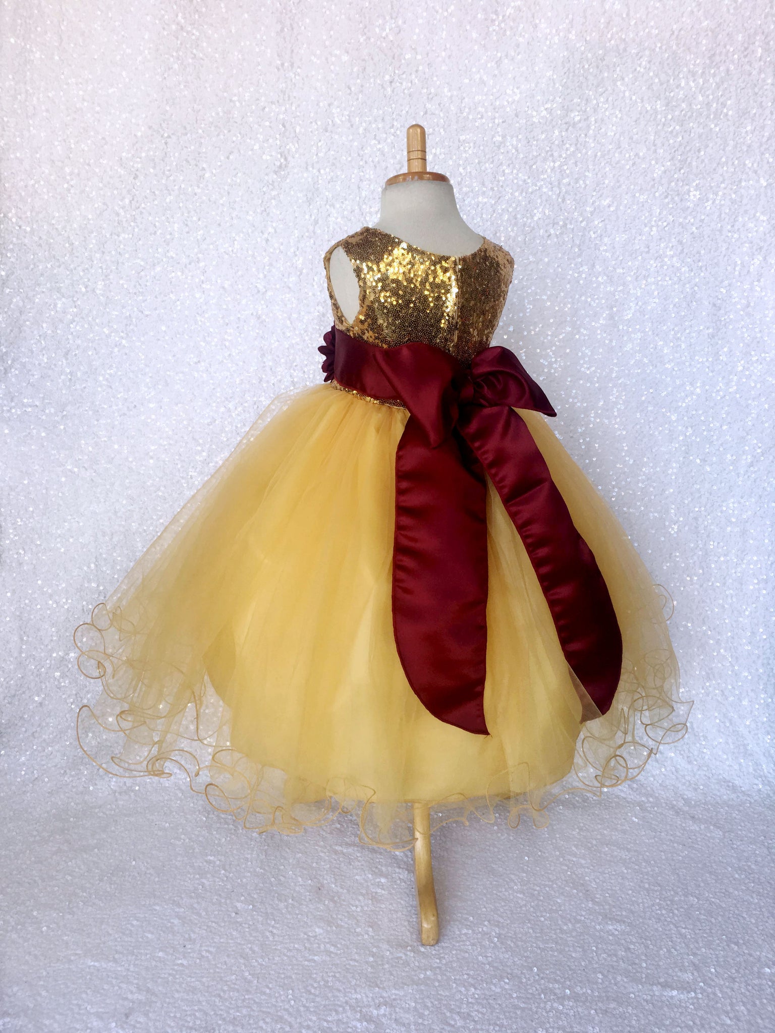 Mini Sequin Yellow Gold 2 Layer Dress Burgundy Satin Sash Velvet Flower